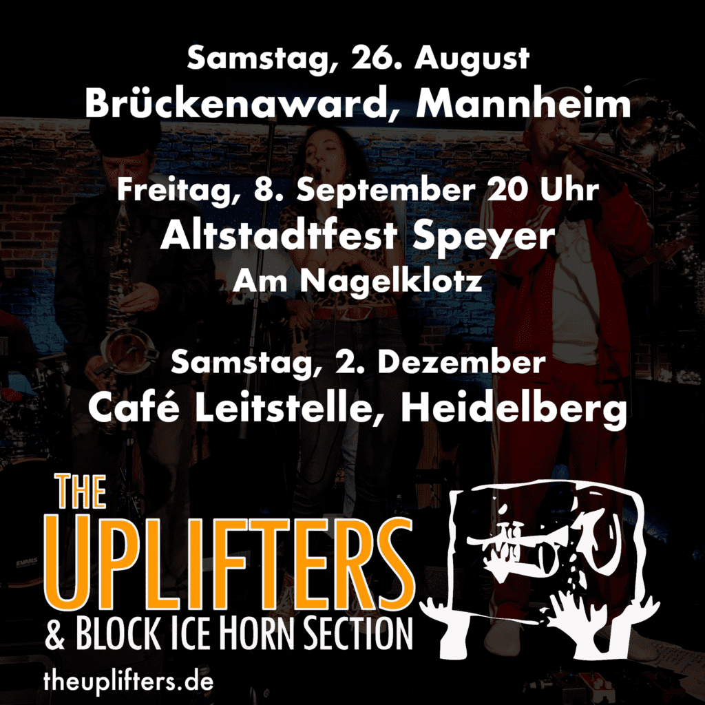 Die nächsten Konzerte mit meiner Band: 26.08. Brückenaward in Mannheim, 08.09. Altstadtfest Speyer, 02.12. Café Leitstelle in Heidelberg