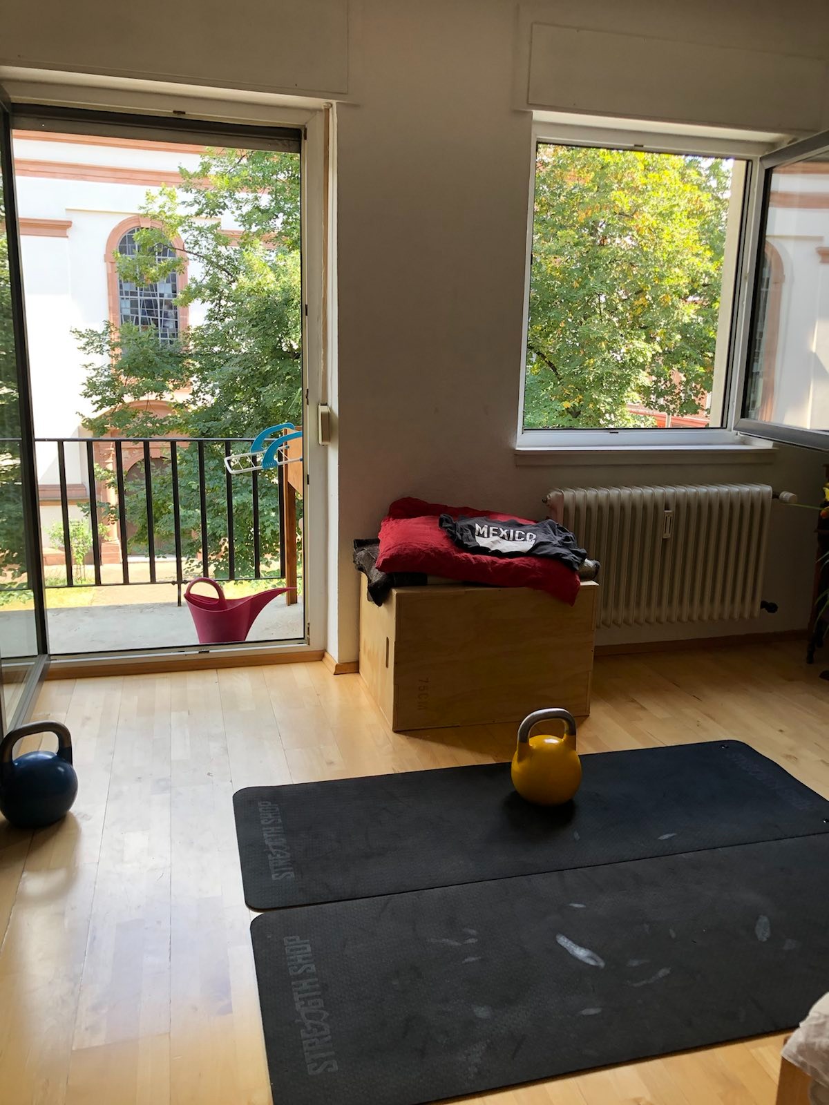 Training mats, a kettlebell, and the view outside.
